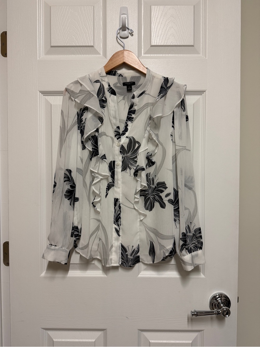 Ann Taylor Petite White Sheer Blouse with Black Floral Ruffles